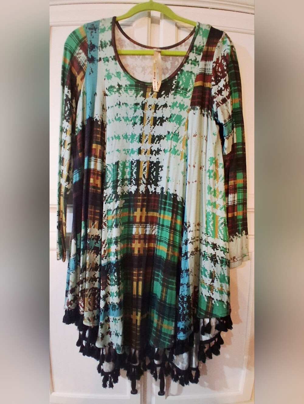 Uncle Frank Mixed Plaid, Long Sleeve, Tassle Hem, Tunic Dress Sz S